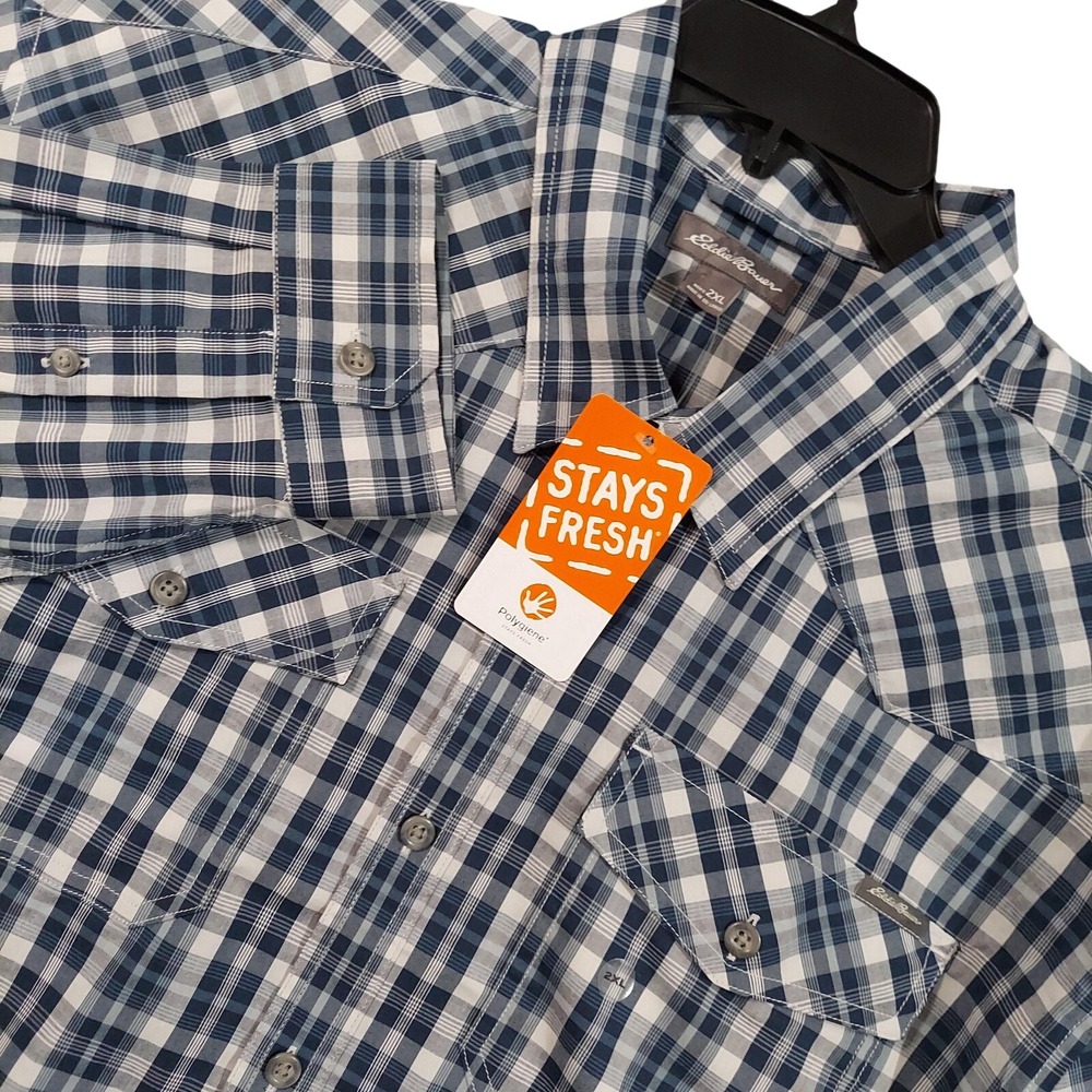 Eddie Bauer Shirt Mens 2XL Blue Plaid Polygiene Stays Fresh Western Long Sleeve